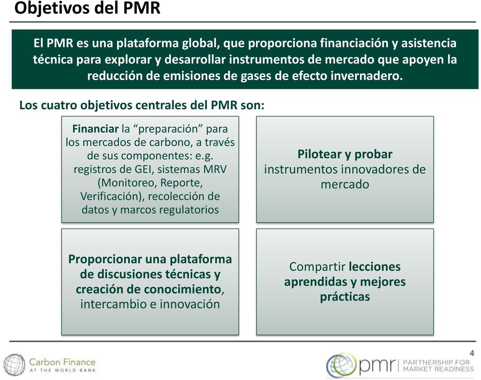 Los cuatro objetivos centrales del PMR son: Financiar la preparación para los mercados de carbono, a través de sus componentes: e.g.