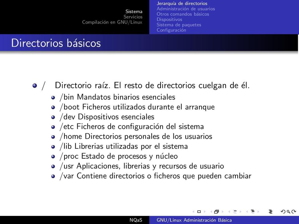 configuración del sistema /home Directorios personales de los usuarios /lib Librerias utilizadas por el sistema