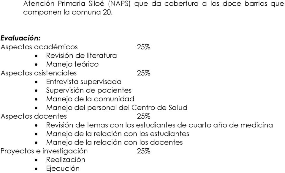 Supervisión de pacientes Manejo de la comunidad Manejo del personal del Centro de Salud Aspectos docentes 25% Revisión de temas