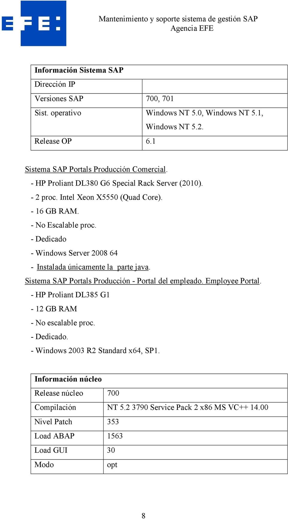 - Dedicado - Windows Server 2008 64 - Instalada únicamente la parte java. Sistema SAP Portals Producción - Portal del empleado. Employee Portal.