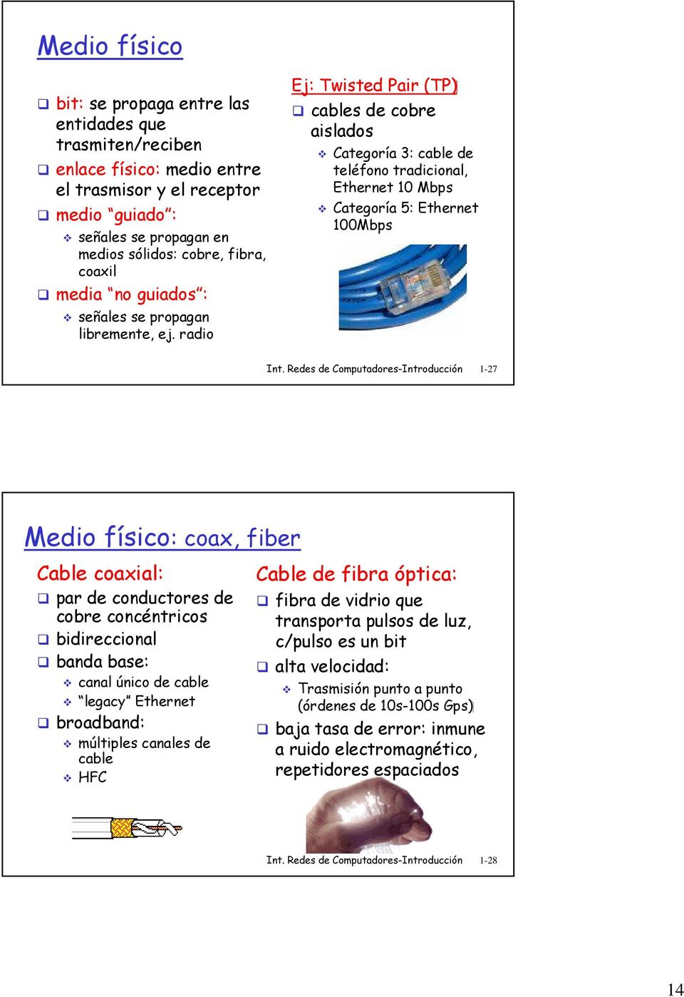 radio Ej: Twisted Pair (TP) cables de cobre aislados Categoría 3: cable de teléfono tradicional, Ethernet 10 Mbps Categoría 5: Ethernet 100Mbps Int.