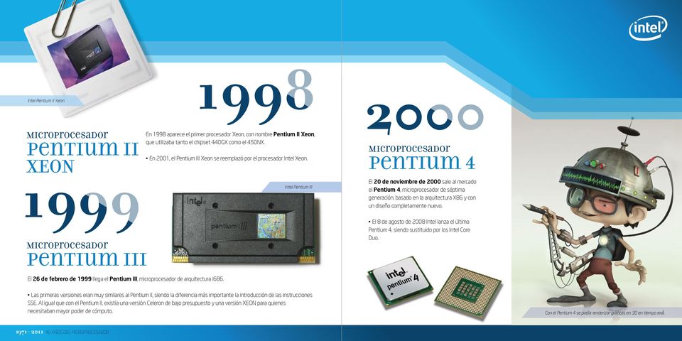 Intel Pentium III 2000 pentium 4 El 20 de noviembre de 2000 sale al mercado el Pentium 4, microprocesador de séptima generación, basado en la arquitectura X86 y con un diseño completamente nuevo.