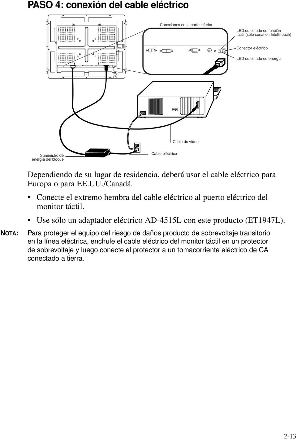 Conecte el extremo hembra del cable eléctrico al puerto eléctrico del monitor táctil. Use sólo un adaptador eléctrico AD-4515L con este producto (ET1947L).