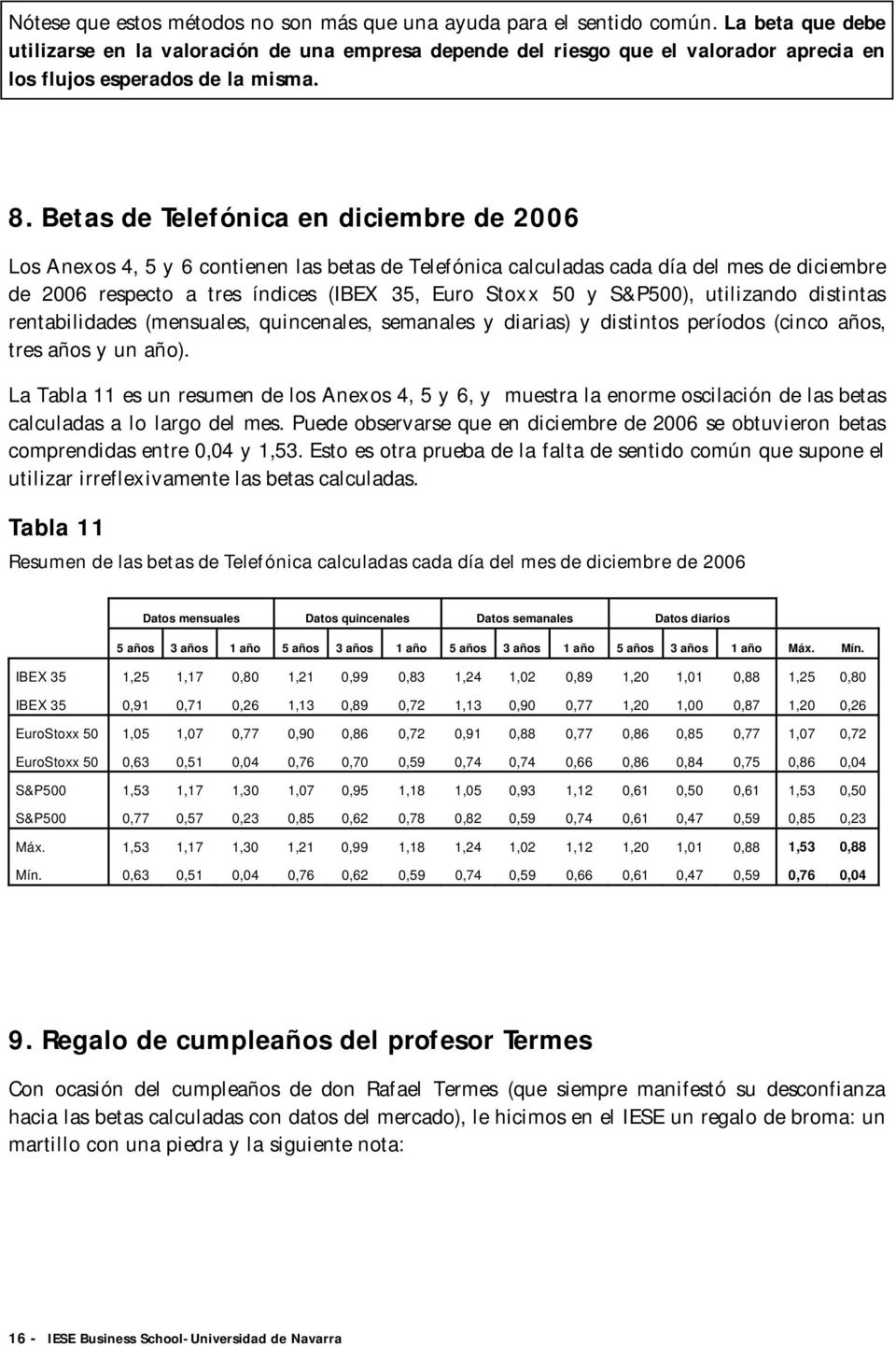 Betas de Telefónica en diciembre de 2006 Los Anexos 4, 5 y 6 contienen las betas de Telefónica calculadas cada día del mes de diciembre de 2006 respecto a tres índices (IBEX 35, Euro Stoxx 50 y