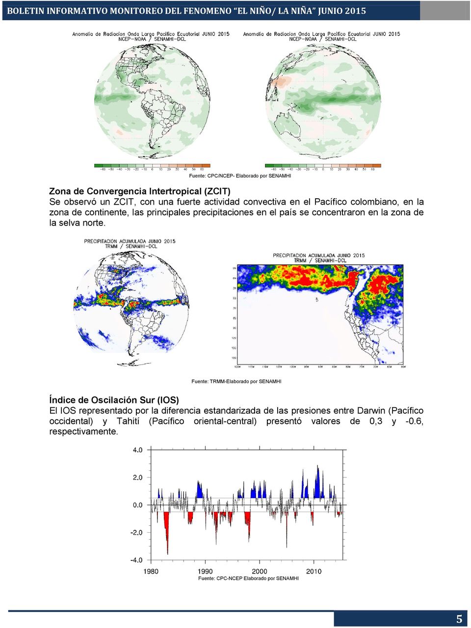 Fuente: TRMM-Elaborado por SENAMHI Índice de Oscilación Sur (IOS) El IOS representado por la diferencia estandarizada de las presiones entre
