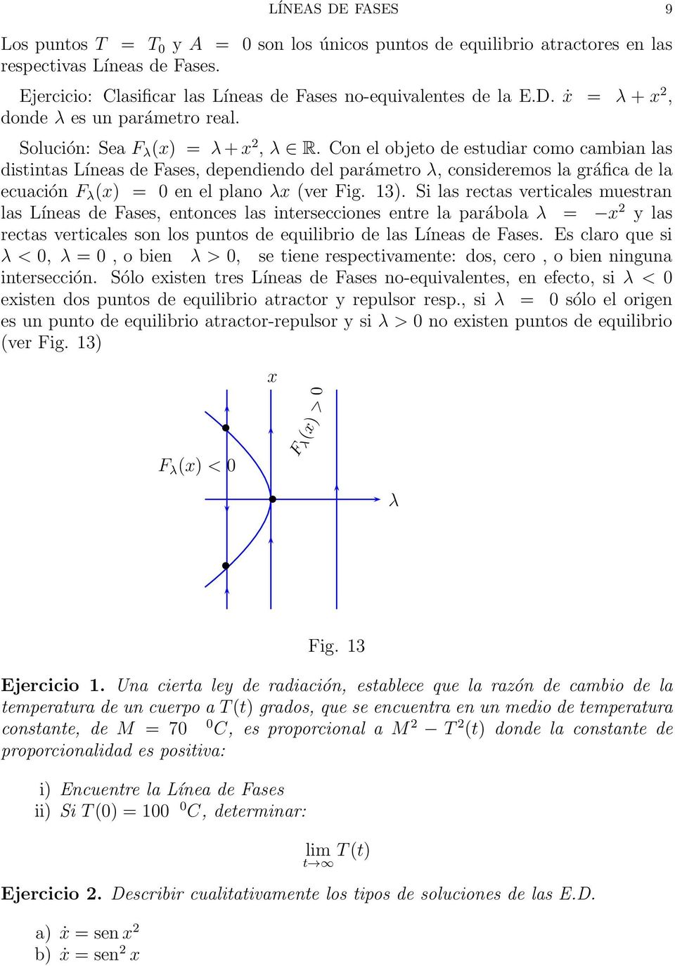 Con el objeo de esudiar como cambian las disinas Líneas de Fases, dependiendo del parámero λ, consideremos la gráfica de la ecuación F λ () = 0 en el plano λ (ver Fig. 13).