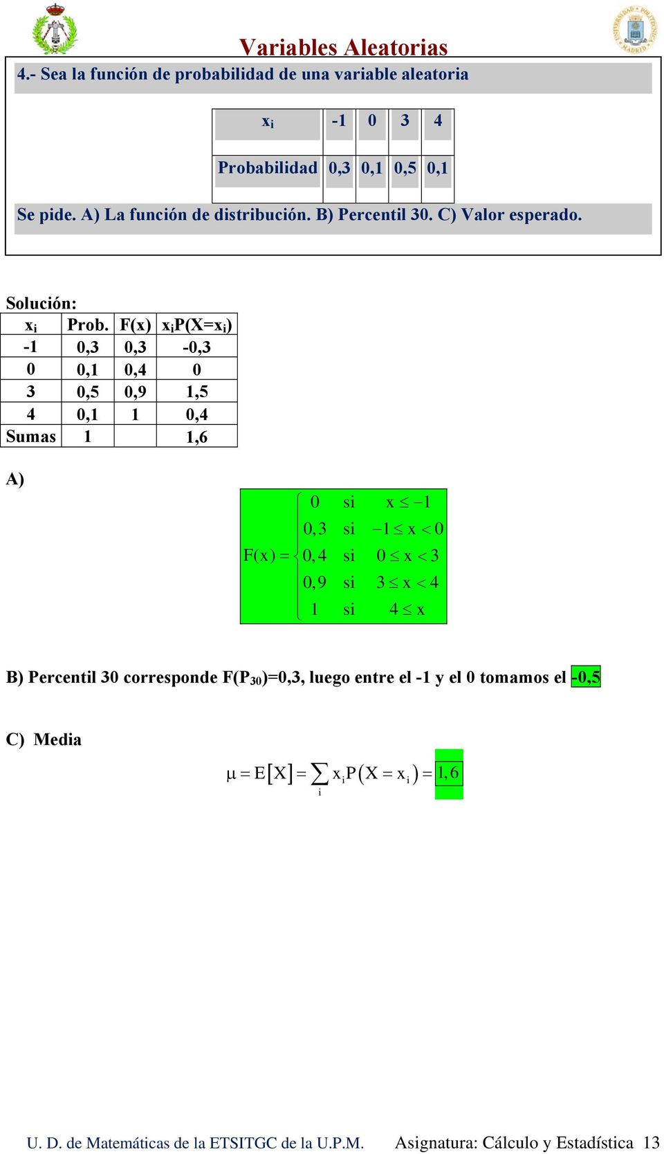 F() i P(X= i ) -,, -,,,4,5,9,5 4,,4 Sumas,6 A) si, si F(),4 si,9 si 4 si 4 B) Percentil corresponde F(P