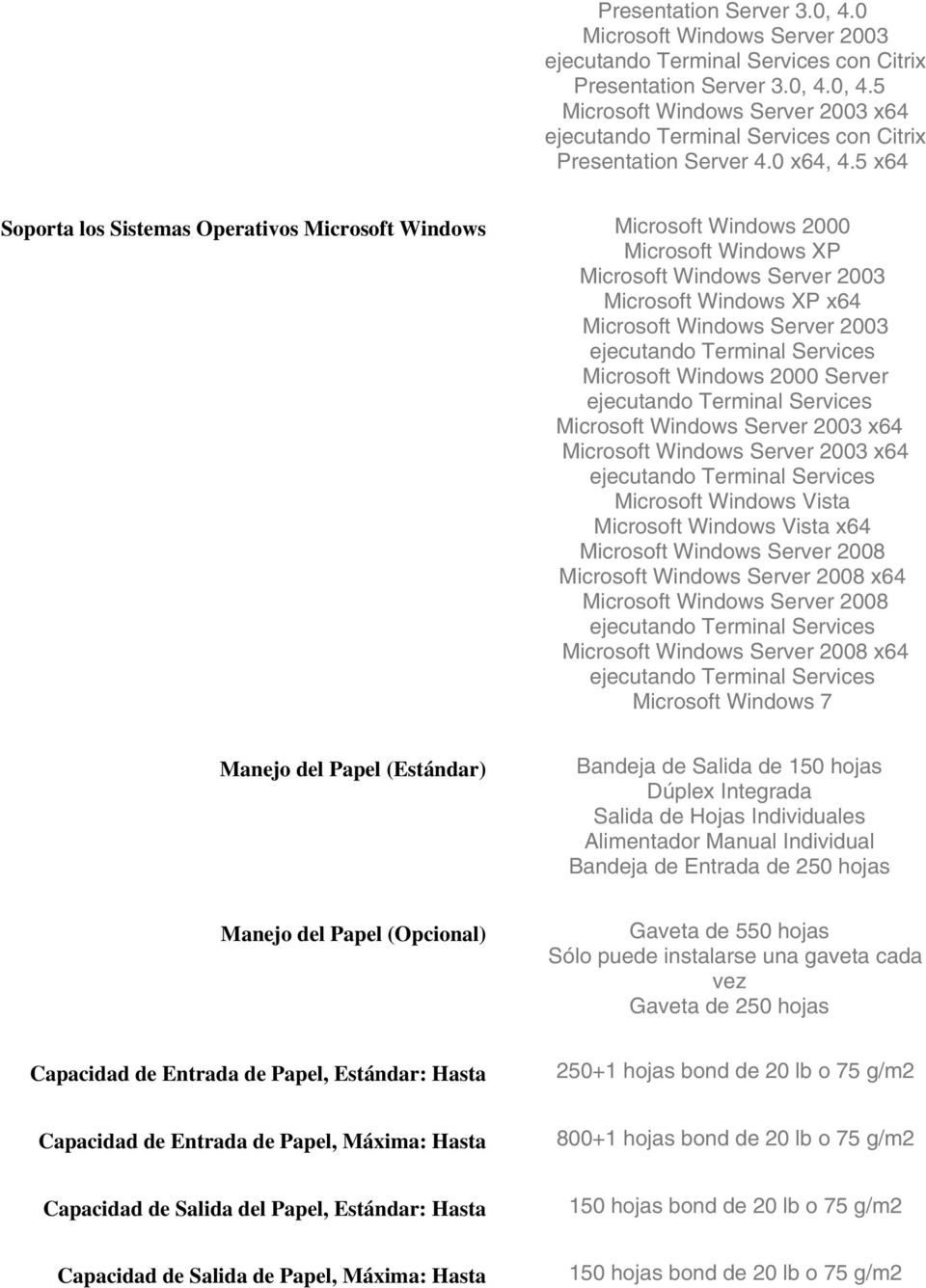 Windows Vista x64 Microsoft Windows Server 2008 Microsoft Windows Server 2008 x64 Microsoft Windows Server 2008 Microsoft Windows Server 2008 x64 Microsoft Windows 7 Manejo del Papel (Estándar)