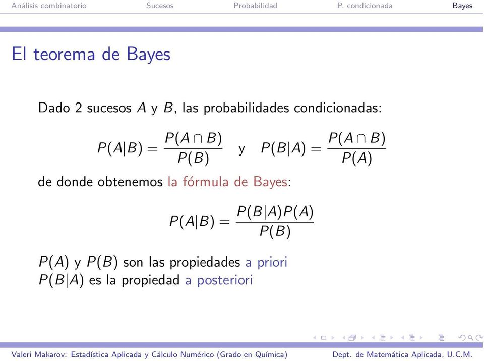 obtenemos la fórmula de Bayes: P(A \ B) P(A) P(A B) = P(B A)P(A)