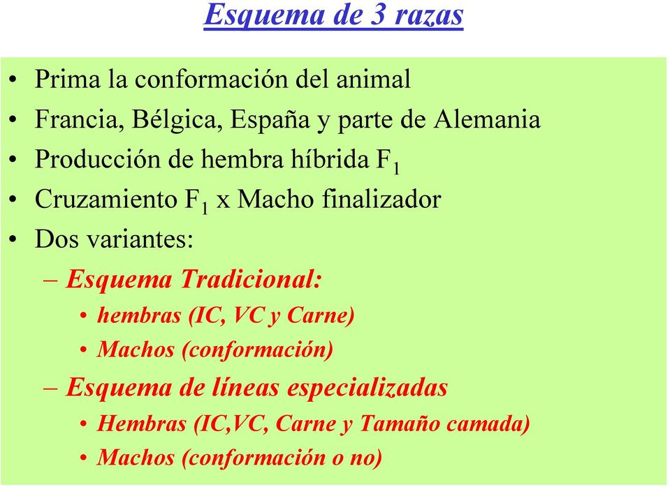variantes: Esquema Tradicional: hembras (IC, VC y Carne) Machos (conformación) Esquema
