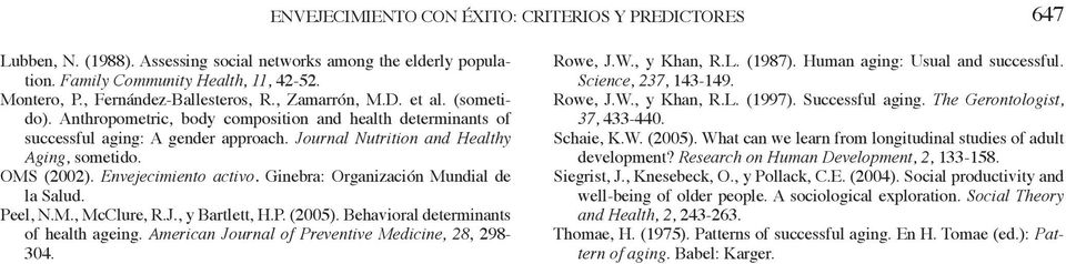 Journal Nutrition and Healthy Aging, sometido. OMS (2002). Envejecimiento activo. Ginebra: Organización Mundial de la Salud. Peel, N.M., McClure, R.J., y Bartlett, H.P. (2005).