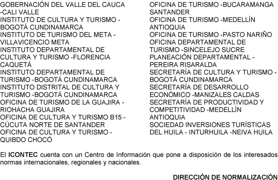 CULTURA Y TURISMO B15 - CÚCUTA NORTE DE SANTANDER OFICINA DE CULTURA Y TURISMO - QUIBDO CHOCÓ OFICINA DE TURISMO -BUCARAMANGA SANTANDER OFICINA DE TURISMO -MEDELLÍN ANTIOQUIA OFICINA DE TURISMO