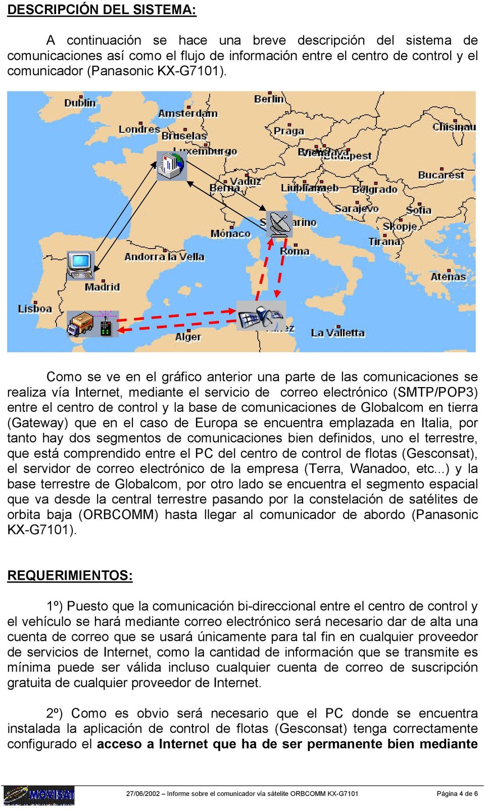comunicaciones de Globalcom en tierra (Gateway) que en el caso de Europa se encuentra emplazada en Italia, por tanto hay dos segmentos de comunicaciones bien definidos, uno el terrestre, que está