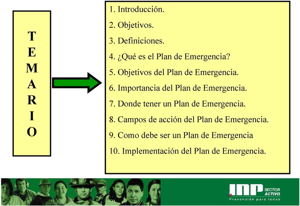 Importancia del Plan de Emergencia. 7. Donde tener un Plan de Emergencia. 8.