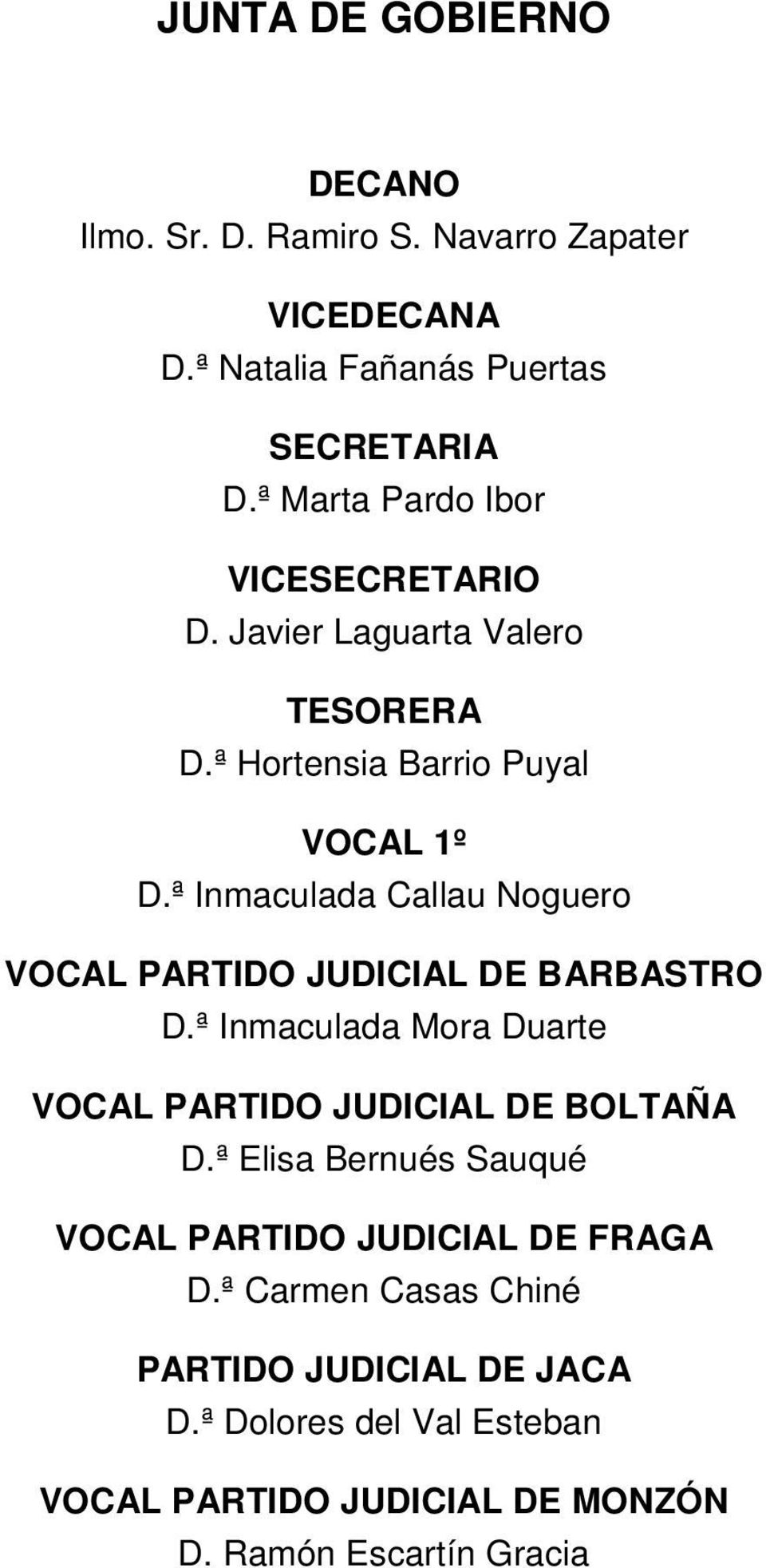 ª Inmaculada Callau Noguero VOCAL PARTIDO JUDICIAL DE BARBASTRO D.ª Inmaculada Mora Duarte VOCAL PARTIDO JUDICIAL DE BOLTAÑA D.