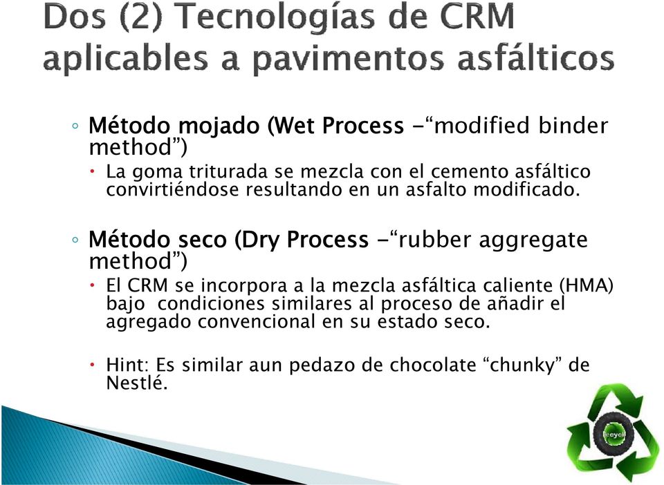 Método seco (Dry Process - rubber aggregate method ) El CRM se incorpora a la mezcla asfáltica caliente
