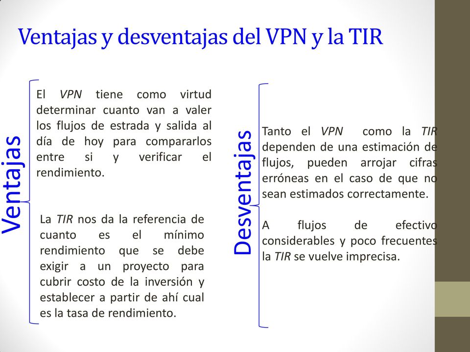 Tanto el VPN como la TIR dependen de una estimación de flujos, pueden arrojar cifras erróneas en el caso de que no sean estimados correctamente.