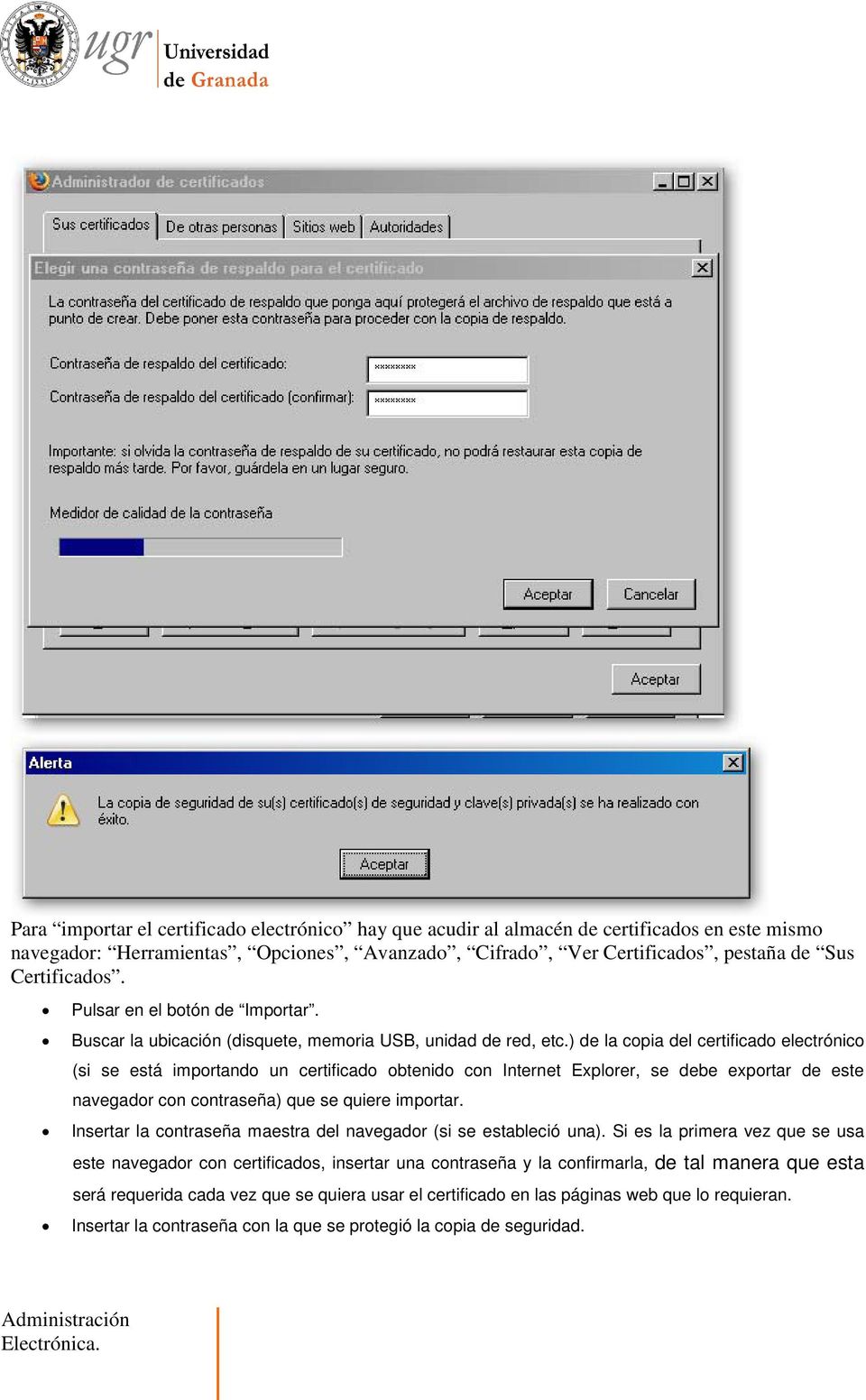 ) de la copia del certificado electrónico (si se está importando un certificado obtenido con Internet Explorer, se debe exportar de este navegador con contraseña) que se quiere importar.
