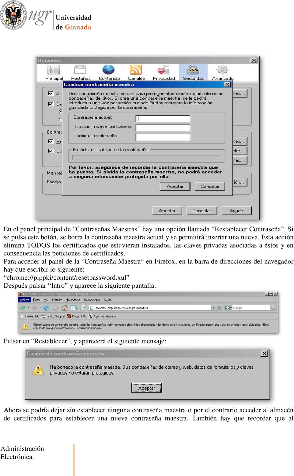 Para acceder al panel de la Contraseña Maestra en Firefox, en la barra de direcciones del navegador hay que escribir lo siguiente: chrome://pippki/content/resetpassword.