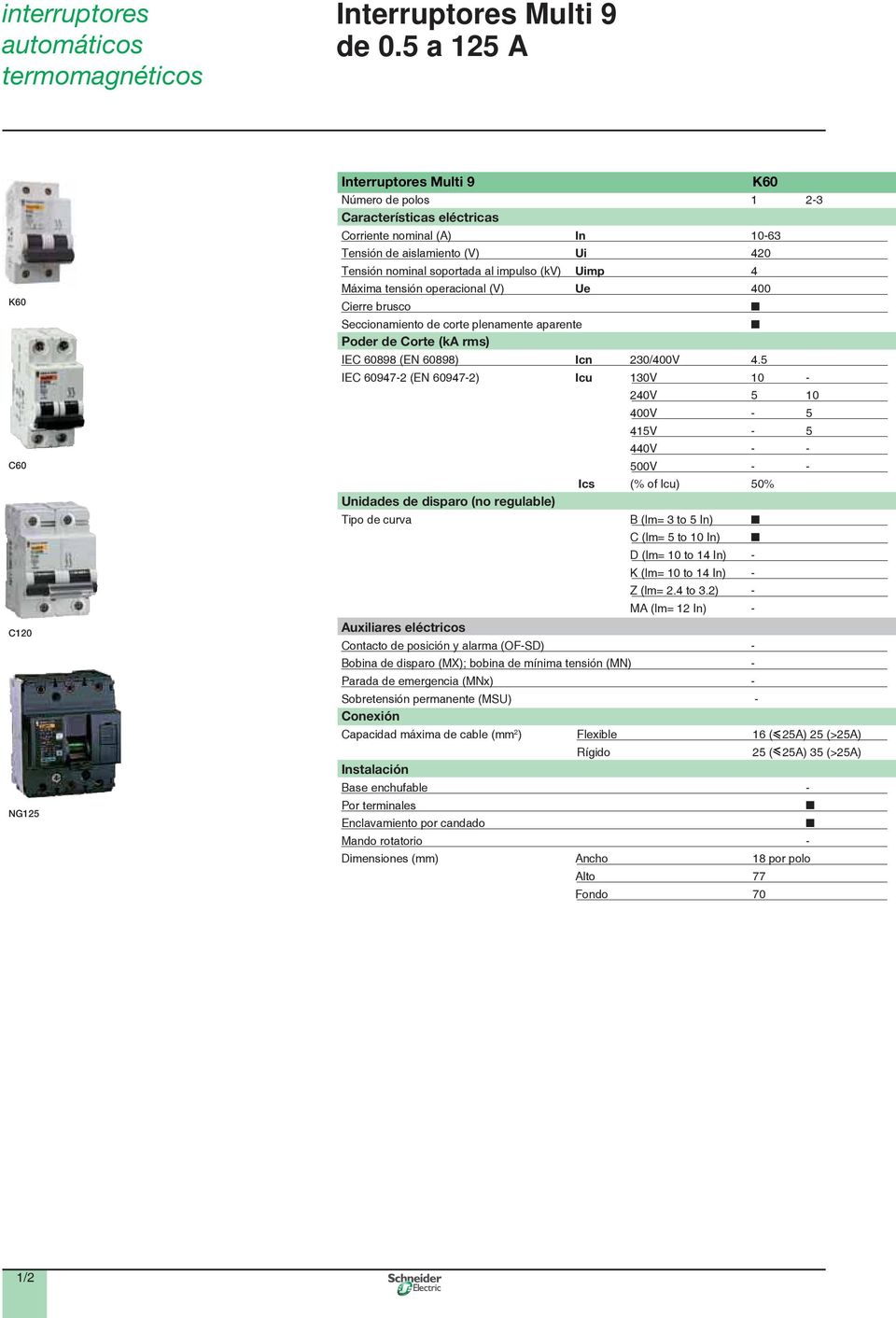 Máxim tensión opercionl (V) Ue 400 Cierre brusco Q Seccionmiento de corte plenmente prente Poder de Corte (ka rms) IEC 60898 (EN 60898) Icn 30/400V 4.