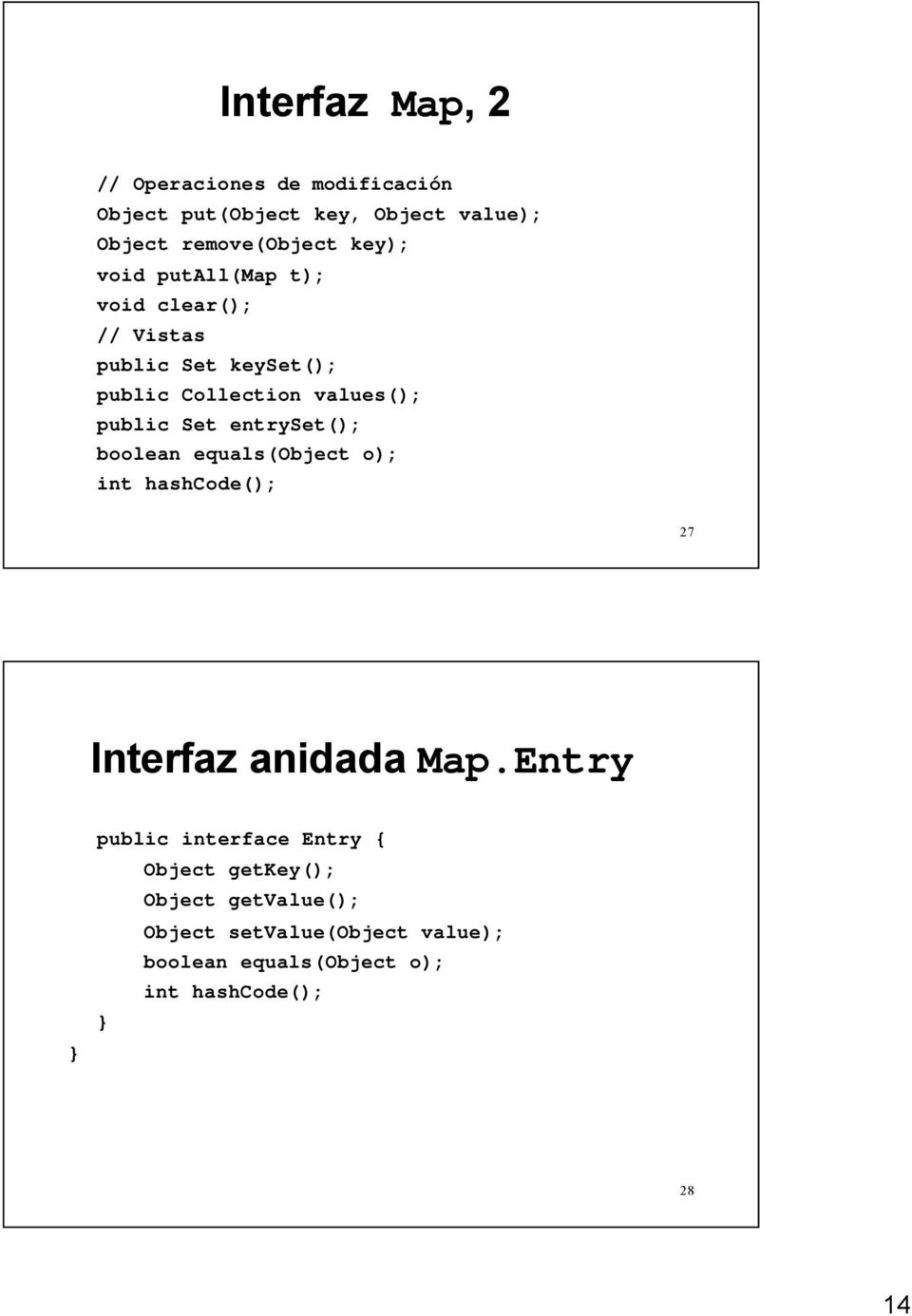 entryset(); boolean equals(object o); int hashcode(); 27 Interfaz anidadamap.
