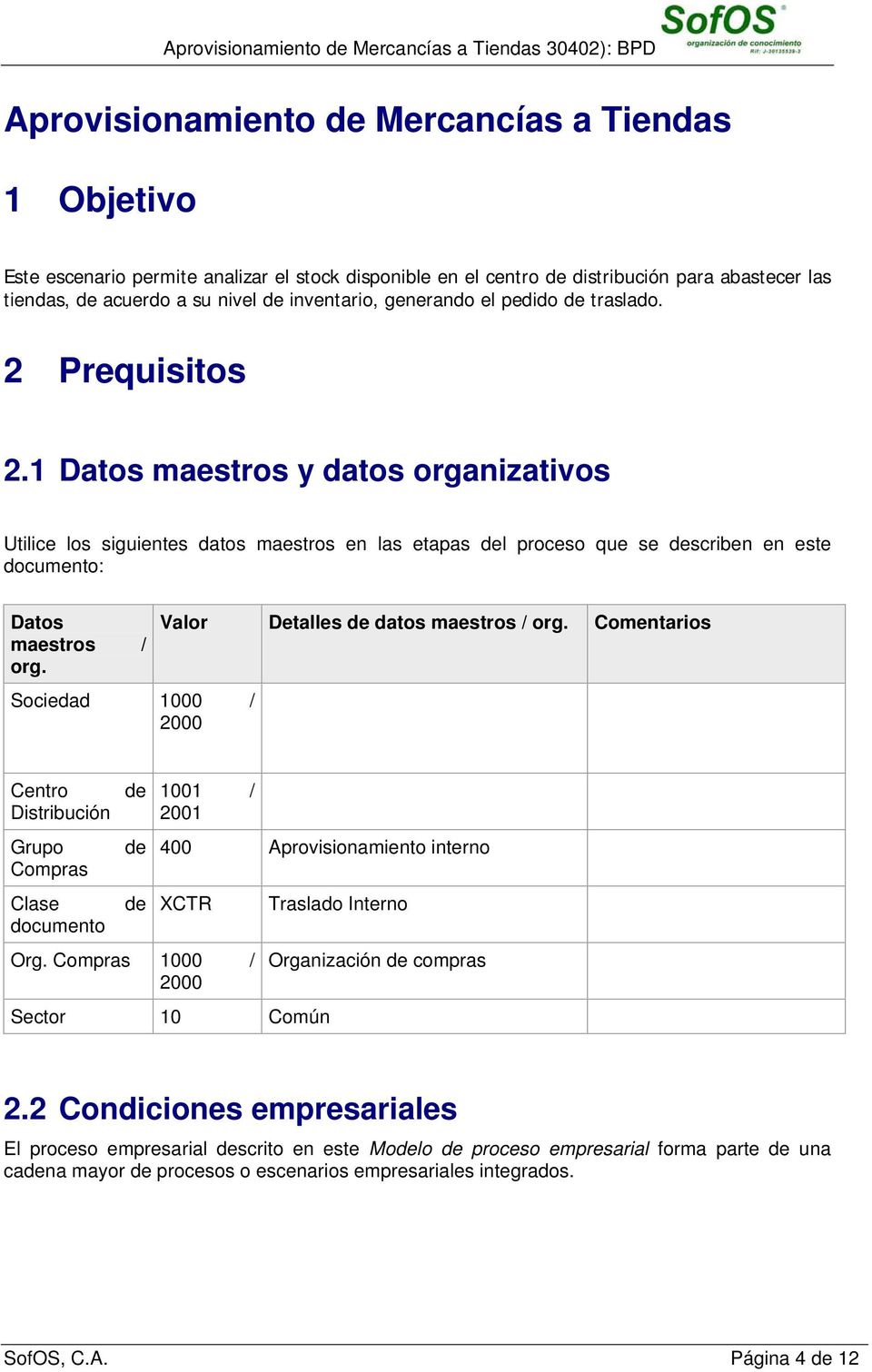 Sociedad 1000 / 2000 Valor Detalles datos maestros / org. Centro Grupo Compras Clase documento 1001 / 2001 400 Aprovisionamiento interno XCTR Org.