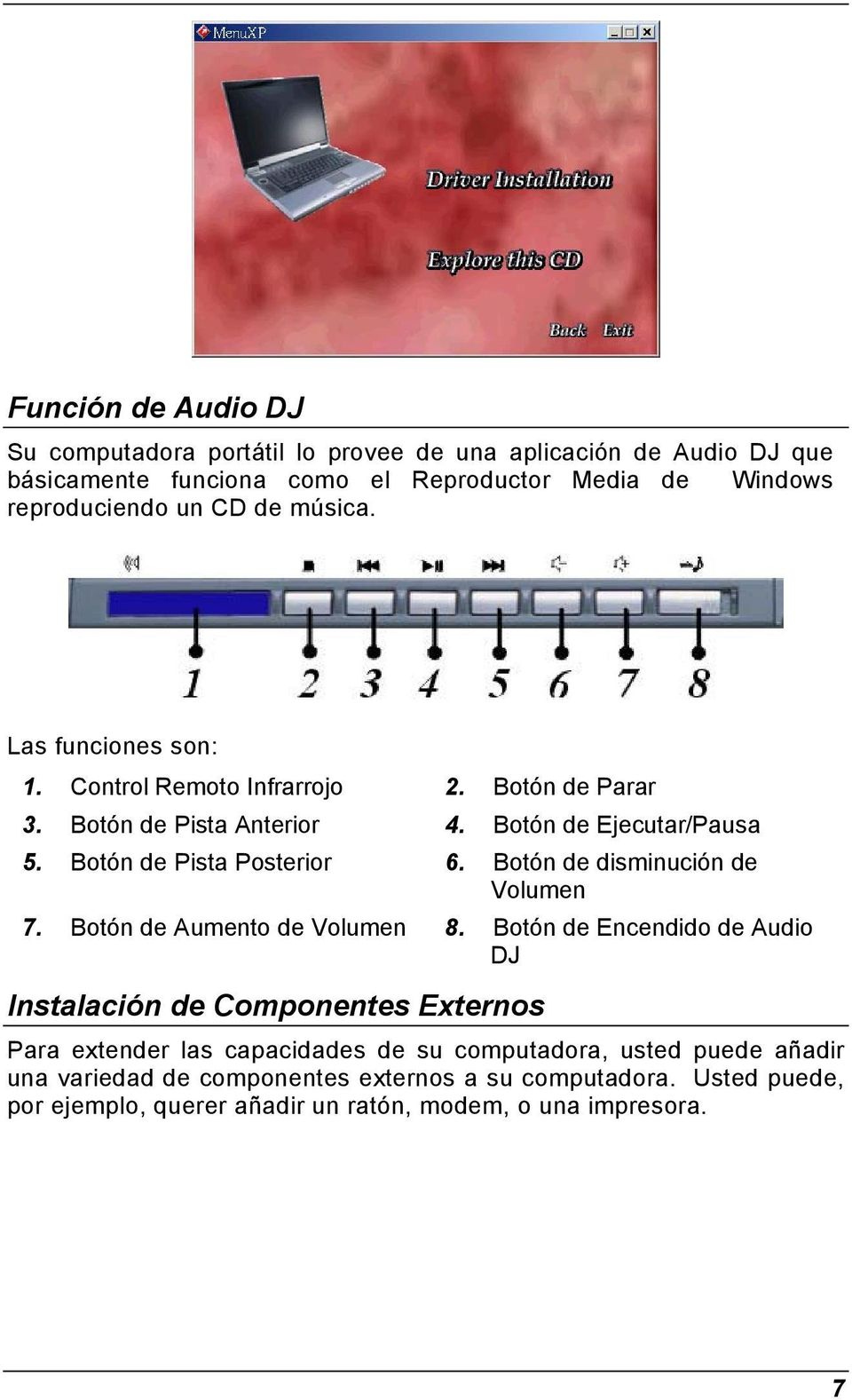 Instalación de Componentes Externos Botón de Parar Botón de Ejecutar/Pausa Botón de disminución de Volumen Botón de Encendido de Audio DJ Para extender las