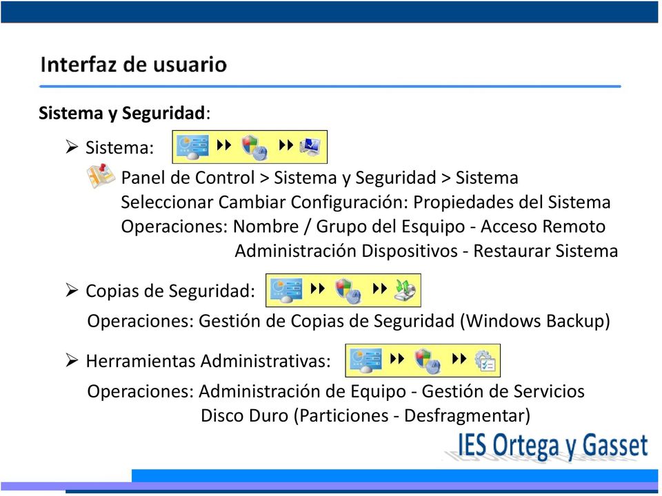 Restaurar Sistema Copias de Seguridad: Operaciones: Gestión de Copias de Seguridad (Windows Backup) Herramientas