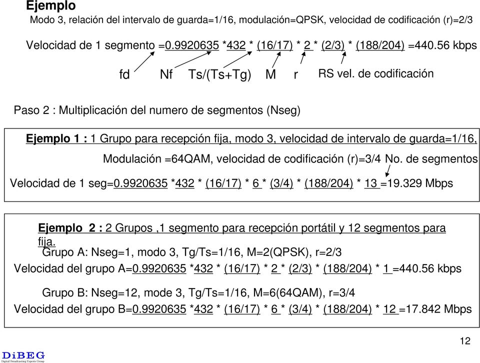 de codificación Paso 2 : Multiplicación del numero de segmentos (Nseg) Ejemplo 1 : 1 Grupo para recepción fija, modo 3, velocidad de intervalo de guarda=1/16, Modulación =64QAM, velocidad de