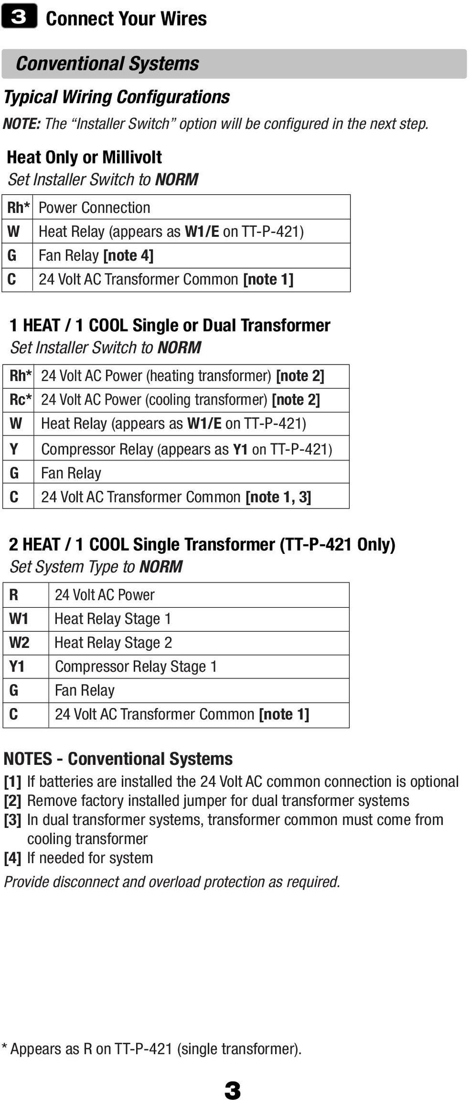 Heat Relay (appears as W1/E on TT-P-421) G Fan Relay [note 4] C 24 Volt AC Transformer Common [note 1] 1 HEAT / 1 COOL Single or Dual Transformer Set Installer Switch to NORM Rh* 24 Volt AC Power