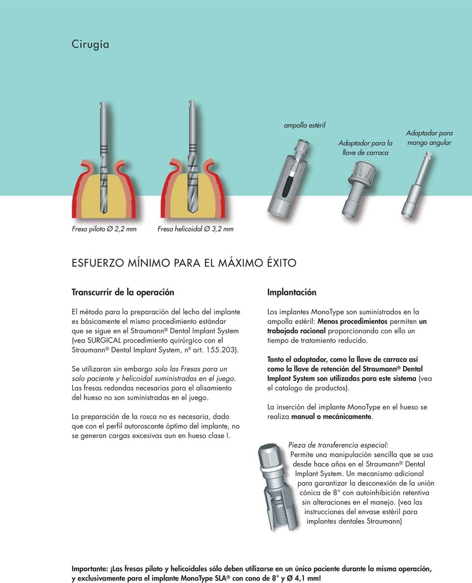 con el Straumann Dental Implant System, nº art. 155.203). Se utilizaran sin embargo solo las Fresas para un solo paciente y helicoidal suministradas en el juego.