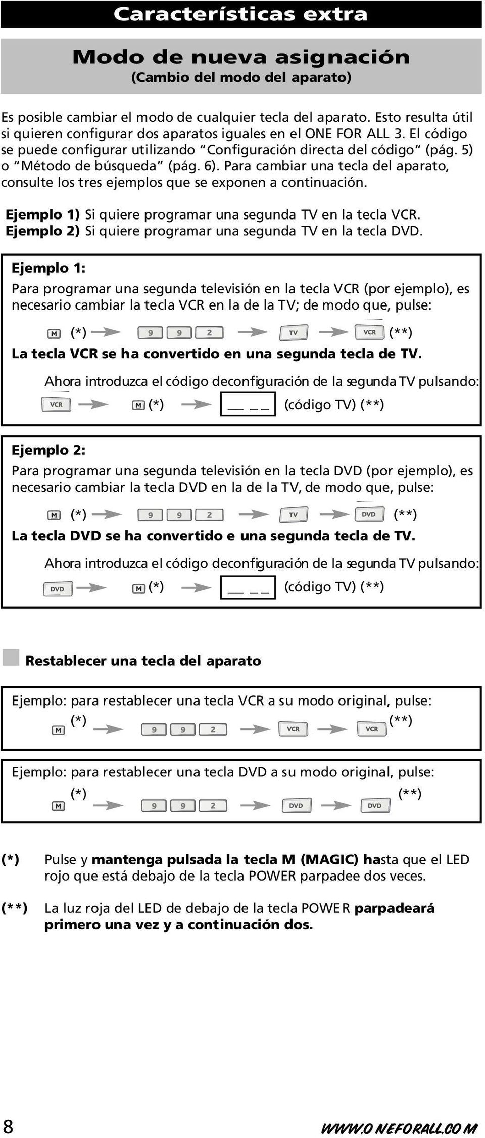 Para cambiar una tecla del aparato, consulte los tres ejemplos que se exponen a continuación. Ejemplo 1) Si quiere programar una segunda TV en la tecla VCR.