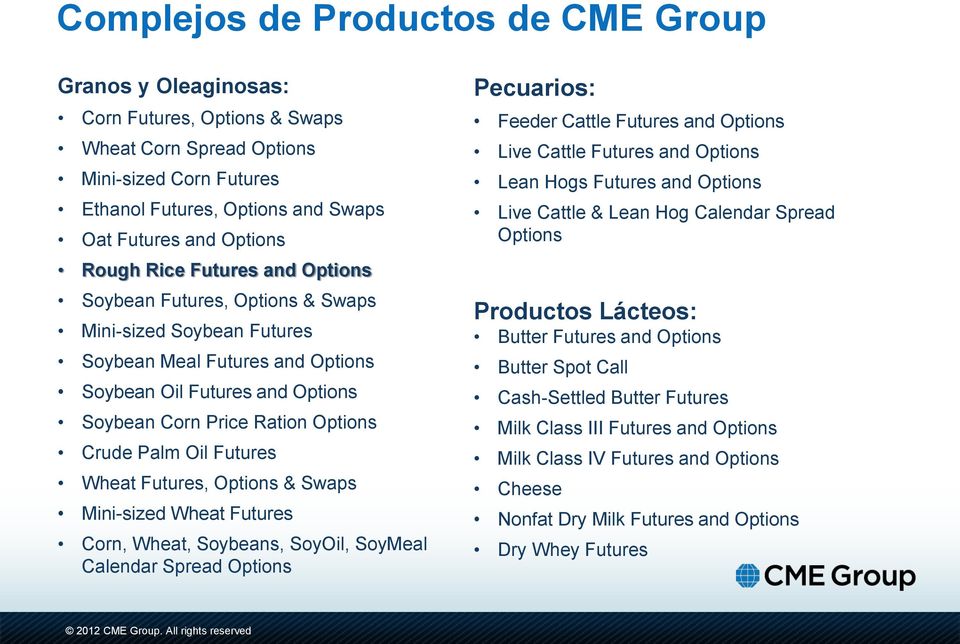 Palm Oil Futures Wheat Futures, Options & Swaps Mini-sized Wheat Futures Corn, Wheat, Soybeans, SoyOil, SoyMeal Calendar Spread Options Pecuarios: Feeder Cattle Futures and Options Live Cattle