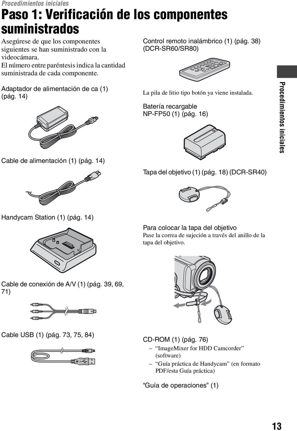 14) Cable de alimentación (1) (pág. 14) La pila de litio tipo botón ya viene instalada. Batería recargable NP-FP50 (1) (pág. 16) Tapa del objetivo (1) (pág.