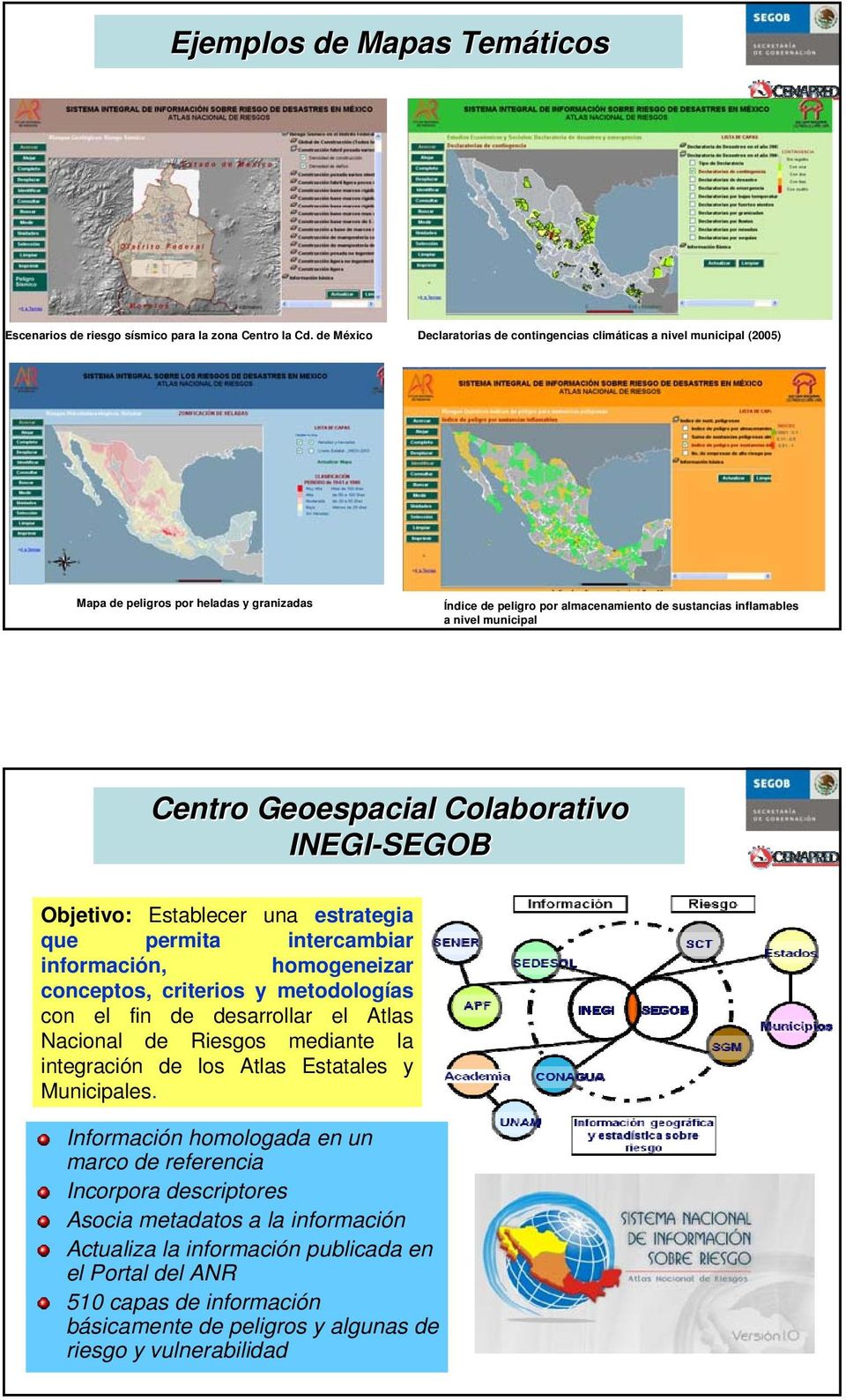 Centro Geoespacial Colaborativo INEGI-SEGOB Objetivo: Establecer una estrategia que permita intercambiar información, homogeneizar conceptos, criterios y metodologías con el fin de desarrollar el