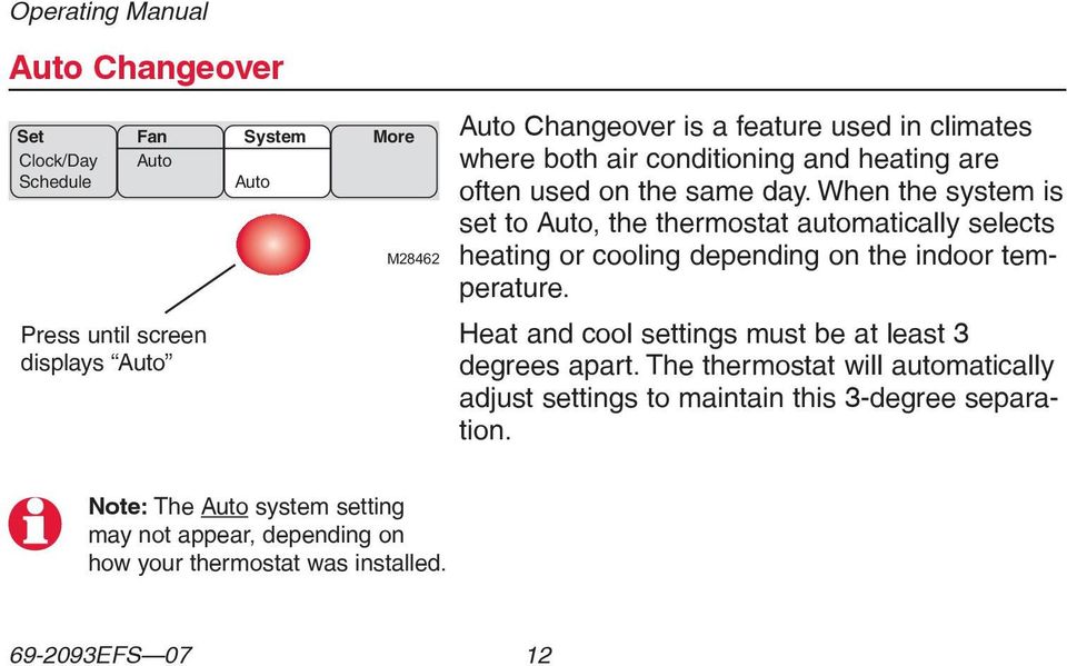 When the system is set to Auto, the thermostat automatically selects heating or cooling depending on the indoor temperature.