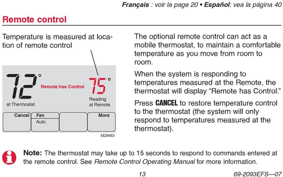 When the system is responding to temperatures measured at the Remote, the thermostat will display Remote has Control.