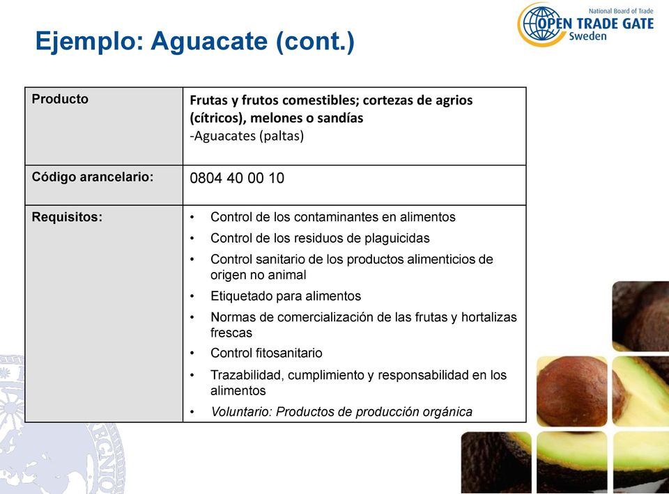 10 Requisitos: Control de los contaminantes en alimentos Control de los residuos de plaguicidas Control sanitario de los productos