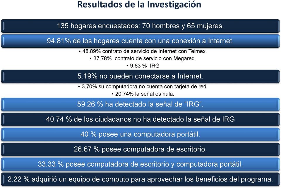 20.74% la señal es nula. 59.26 % ha detectado la señal de IRG. 40.74 % de los ciudadanos no ha detectado la señal de IRG 40 % posee una computadora portátil. 26.