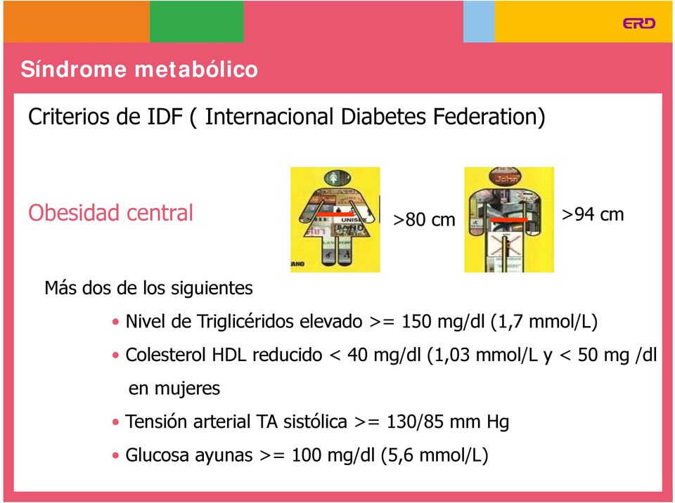mmol/l) Colesterol HDL reducido < 40 mg/dl (1,03 mmol/l y < 50 mg /dl en mujeres