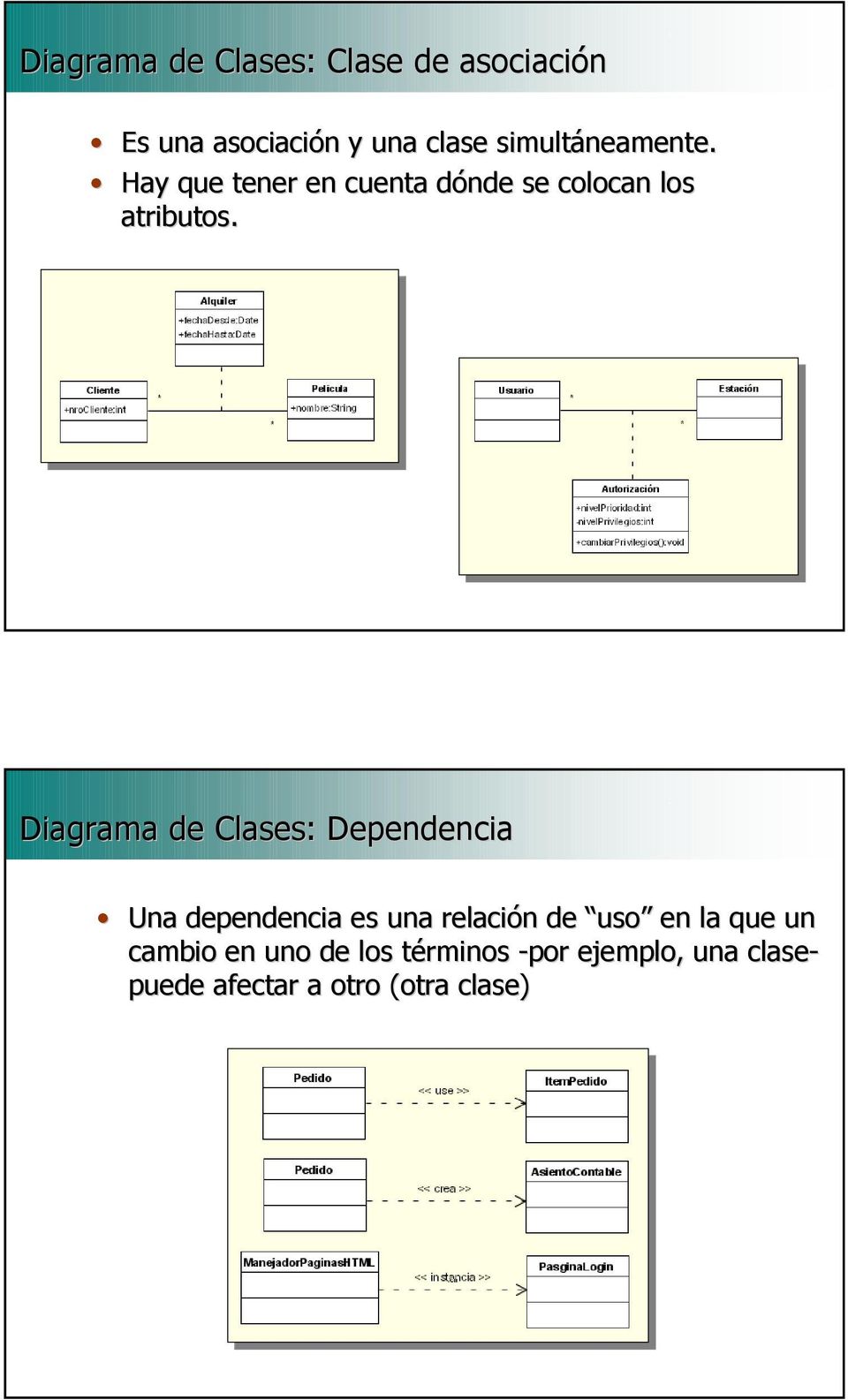 21 Diagrama de Clases: Dependencia Una dependencia es una relación de uso en la