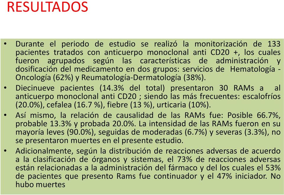 3% del total) presentaron 30 RAMs a al anticuerpo monoclonal anti CD20 ; siendo las más frecuentes: escalofríos (20.0%), cefalea(16.7%), fiebre(13%), urticaria(10%).