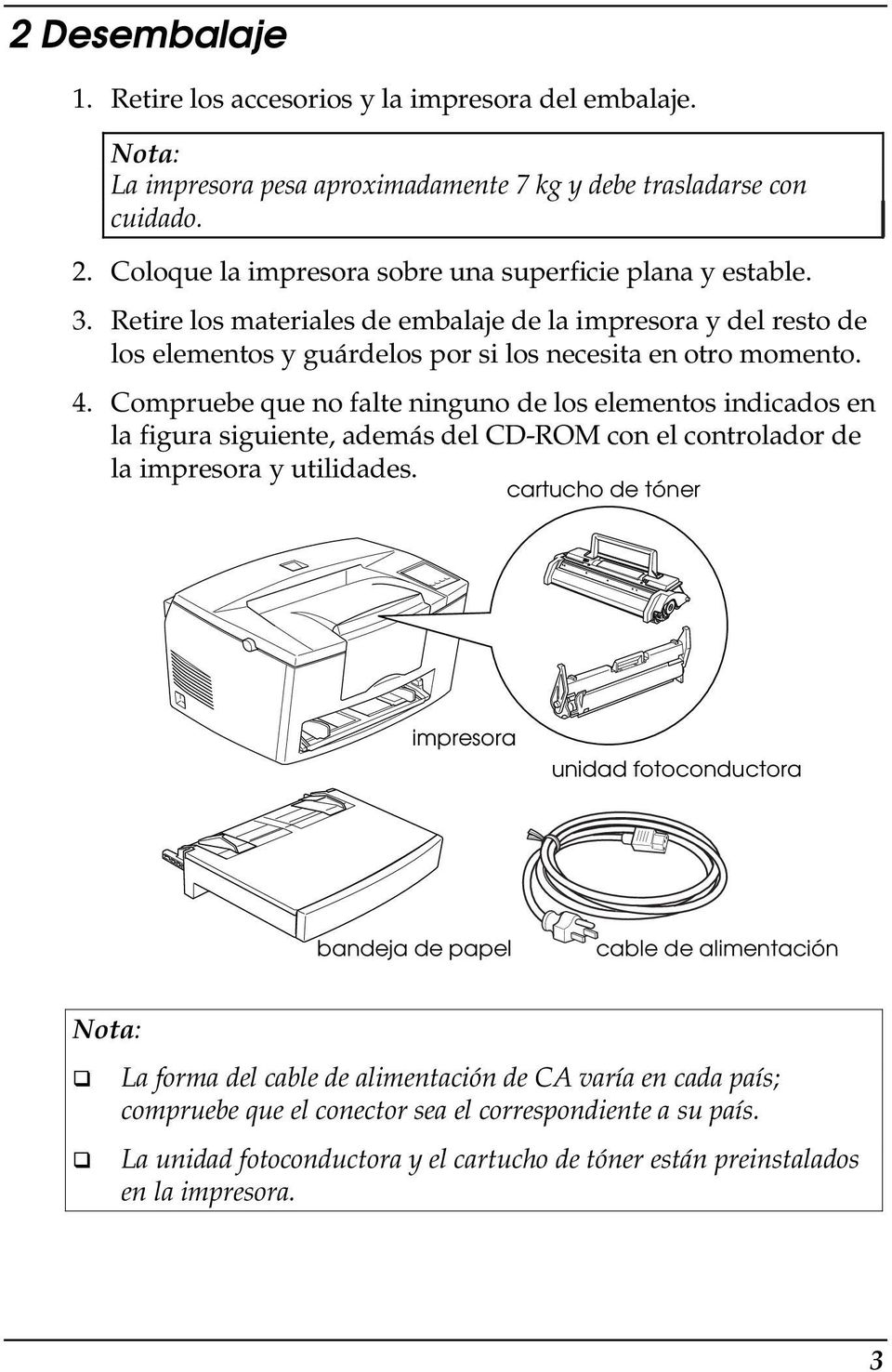Compruebe que no falte ninguno de los elementos indicados en la figura siguiente, además del CD-ROM con el controlador de la impresora y utilidades.