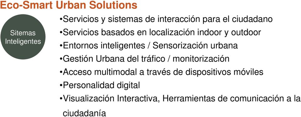 Sensorización urbana Gestión Urbana del tráfico / monitorización Acceso multimodal a través de