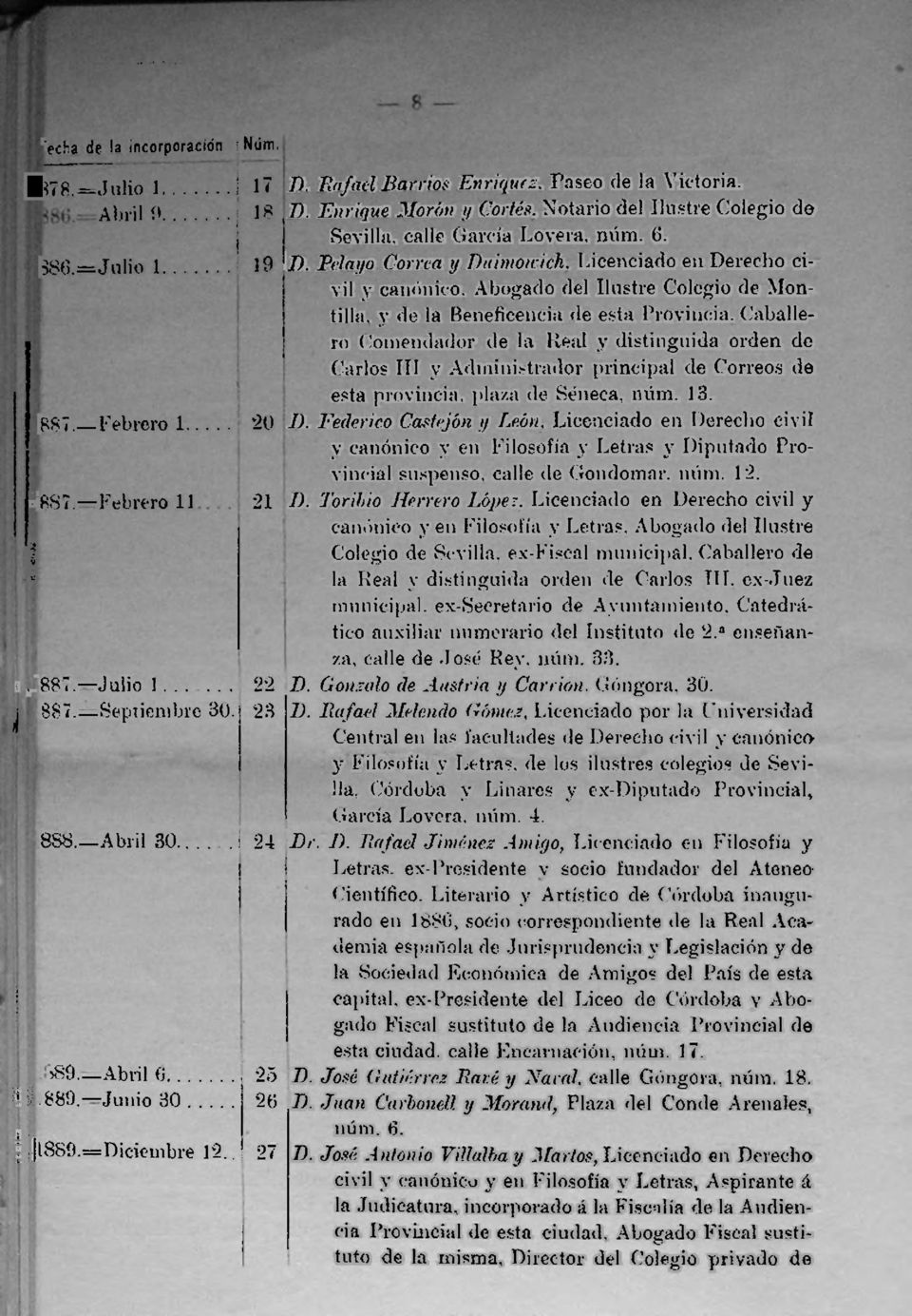 (5. I). Pelayo Correa y Duimowich, Licenciado en Derecho civil y canónico, Abogado del Ilustre Colegio de Montilla, y de la Beneficencia de esta Provincia.