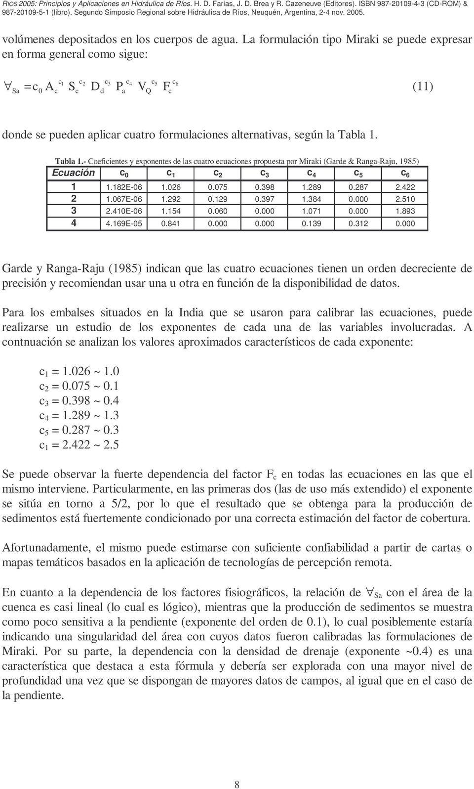Tabla 1.- Coefiientes y exponentes de las uatro euaiones propuesta por Miraki (Garde & Ranga-Raju, 1985) Euaión 0 1 2 3 4 5 6 1 1.182E-06 1.026 0.075 0.398 1.289 0.287 2.422 2 1.067E-06 1.292 0.129 0.