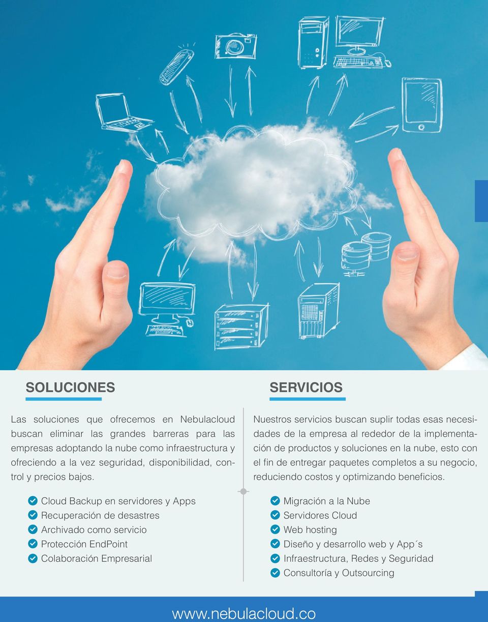 Cloud Backup en servidores y Apps Recuperación de desastres Archivado como servicio Protección EndPoint Colaboración Empresarial Nuestros servicios buscan suplir todas esas necesidades de la