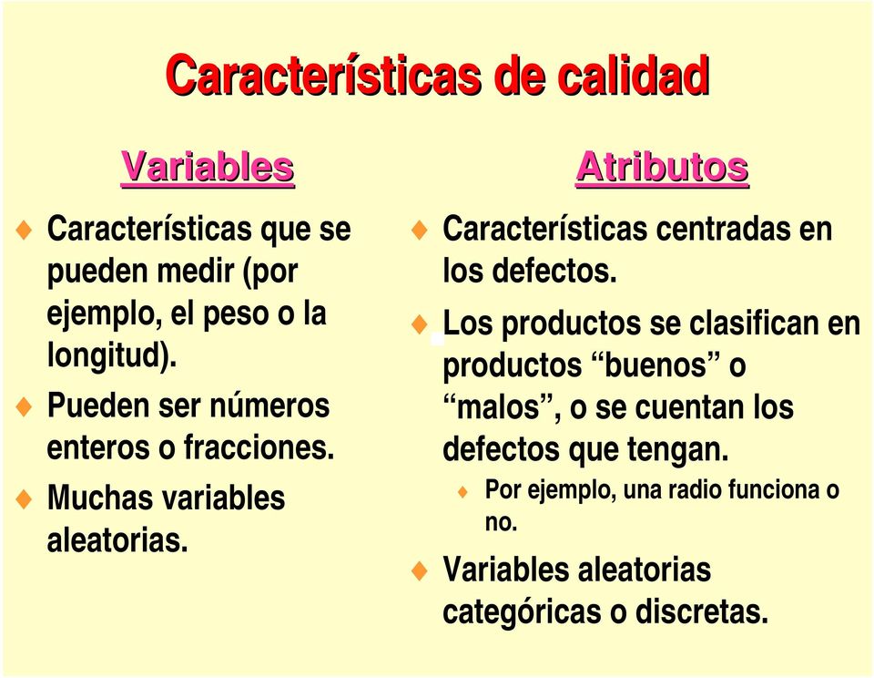 Atributos Características centradas en los defectos.