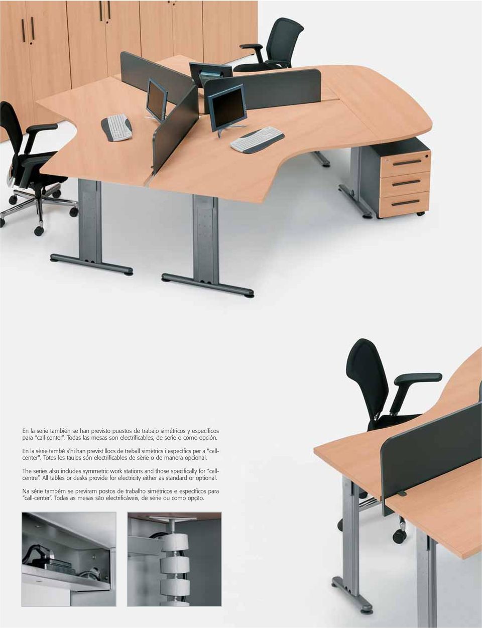 Totes les taules són electrificables de sèrie o de manera opcional. The series also includes symmetric work stations and those specifically for callcentre.