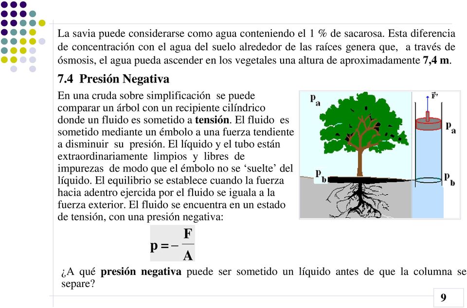 4 m. 7.4 Presión Negativa En una cruda sobre simplificación se puede comparar un árbol con un recipiente cilíndrico donde un fluido es sometido a tensión.